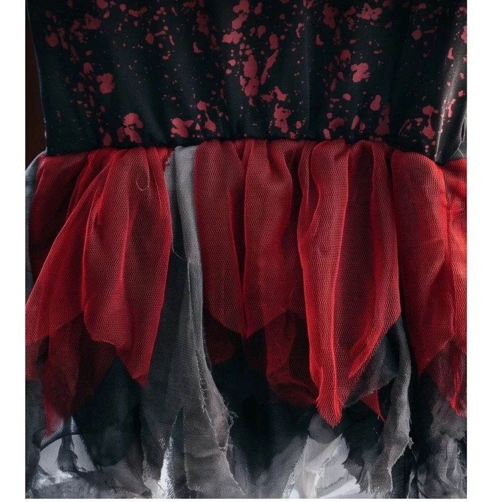 Kids Creepy Clown Halloween Costume Dress with Mini Top Hat Set Black Red Large